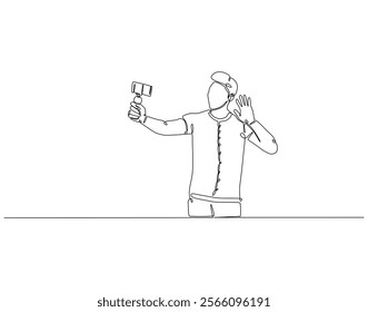 Continuous line drawing of man selfie use smartphone. Single line illustration of man take a selfie. Traveler, lifestyle concept. Editable outline