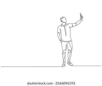 Continuous line drawing of man selfie use smartphone. Single line illustration of man take a selfie. Traveler, lifestyle concept. Editable outline