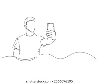 Continuous line drawing of man selfie use smartphone. Single line illustration of man take a selfie. Traveler, lifestyle concept. Editable outline