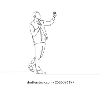 Continuous line drawing of man selfie use smartphone. Single line illustration of man take a selfie. Traveler, lifestyle concept. Editable outline