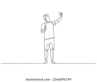 Continuous line drawing of man selfie use smartphone. Single line illustration of man take a selfie. Traveler, lifestyle concept. Editable outline