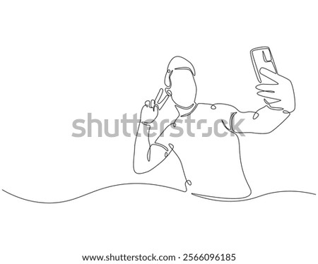 Continuous line drawing of man selfie use smartphone. Single line illustration of man take a selfie. Traveler, lifestyle concept. Editable outline