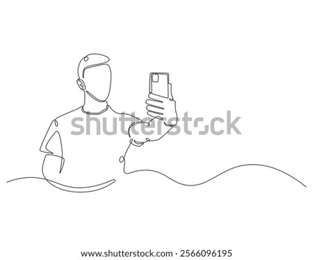 Continuous line drawing of man selfie use smartphone. Single line illustration of man take a selfie. Traveler, lifestyle concept. Editable outline