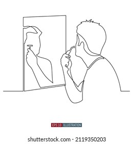 Continuous line drawing of A man shaves his face in front of a mirror. Template for your design works. Vector illustration.