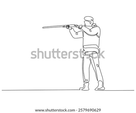 Continuous line drawing of man shooting. Single line illustration of man aiming using rifle shotgun. Hunter, shooting training, shooting sport concept. Editable outline