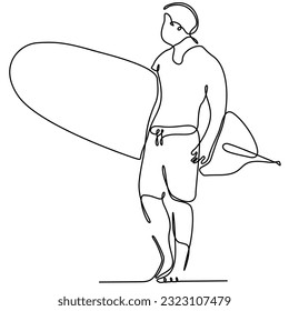 continuous line drawing of man in shorts holding surfboard vector illustration