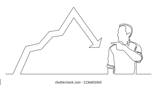 continuous line drawing of man showing with his finger at decreasing graph