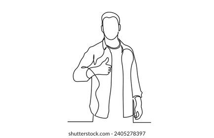 Dibujo continuo de la línea del hombre mostrando los pulgares hacia arriba. hombre mostrando el dedo arriba. el concepto de bien, hecho, éxito, gesto y signo de "me gusta". 