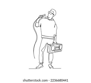 Continuous line drawing of man singing with holding boombox tape recorder. Vocalist simple line art with active stroke.  Vocalist and music concept.