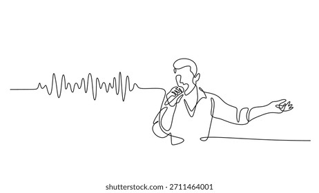 Dibujo de línea continua de un hombre cantando. Una simple línea de arte de una onda de sonido, que representa una voz, melodía de la canción, o concepto de señal de radio.