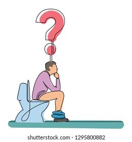 continuous line drawing of man sitting on toilet seat thinking about a question
