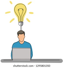 continuous line drawing of man sitting with laptop computer creating a new idea