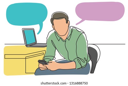 continuous line drawing of man sitting reading his mobile phone