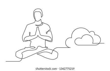 Continuous Line Drawing Of Man Sitting In Yoga Pose Near Cloud. Pose Lotus. Vector Illustration 