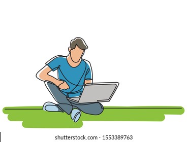 continuous line drawing of man sitting with laptop computer