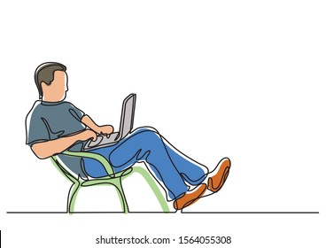 continuous line drawing of man sitting working on laptop computer