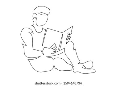 continuous line drawing of man sitting on floor reading book