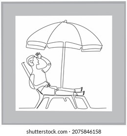
continuous line drawing of man sitting under umbrella on deck chair isolated on white background vector illustration