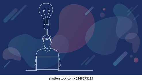 continuous line drawing of man sitting with laptop computer creating a new idea