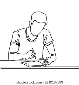 Continuous line drawing of a man sitting at a table who is writing something. Hand drawn single line vector illustration