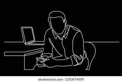 continuous line drawing of man sitting reading his mobile phone