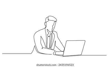 continuous line drawing of man sitting using laptop computer, for business vector illustration	