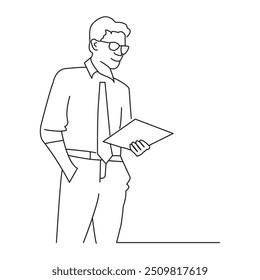 continuous line drawing of man sitting using laptop computer, business vector illustration