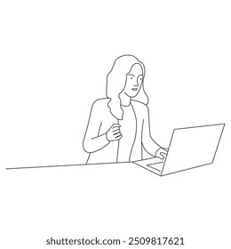 continuous line drawing of man sitting using laptop computer, business vector illustration