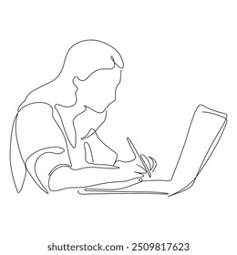 continuous line drawing of man sitting using laptop computer, business vector illustration