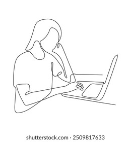 Dibujo continuo de la línea del hombre que se sienta usando el ordenador portátil, Ilustración vectorial del negocio