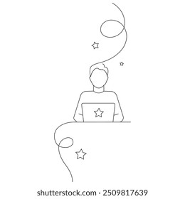 continuous line drawing of man sitting using laptop computer, business vector illustration