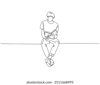 Continuous line drawing of man sitting alone. Single line illustration of man sit alone. International men's day concept. Editable outline