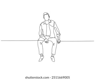 Continuous line drawing of man sitting alone. Single line illustration of man sit alone. International men's day concept. Editable outline
