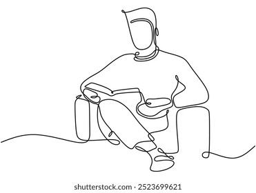 Desenho de linha contínua de um homem sentado lendo um livro. Capturando um momento de tranquilidade e foco. Ilustração vetorial.