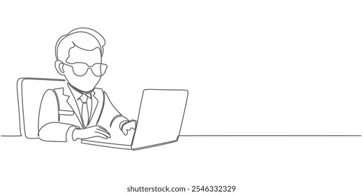 continuous line drawing of man sitting using laptop computer, for business vector illustration