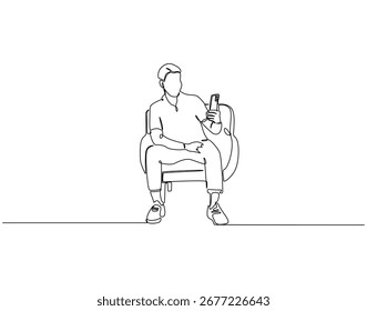 Continuous line drawing of man sitting holding smartphone. Single line illustration of relaxing man holding phone. Holiday, business concept. Editable outline