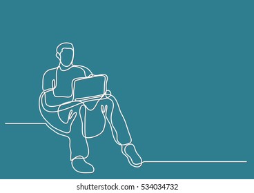 continuous line drawing of man sitting in bean bag with laptop computer