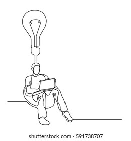 continuous line drawing of man sitting with laptop computer creating a new idea