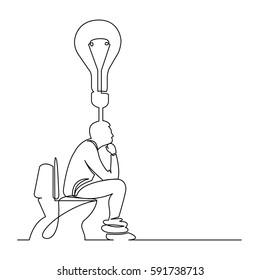 Dibujo de línea continua de hombre sentado en el asiento del inodoro pensando en una nueva idea
