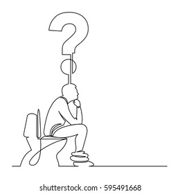 continuous line drawing of man sitting on toilet seat thinking about a question