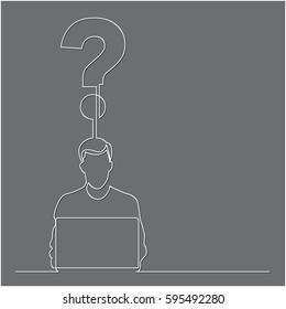continuous line drawing of man sitting with laptop computer working on a question