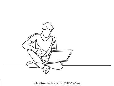 Continuous Line Drawing Of Man Sitting With Laptop Computer