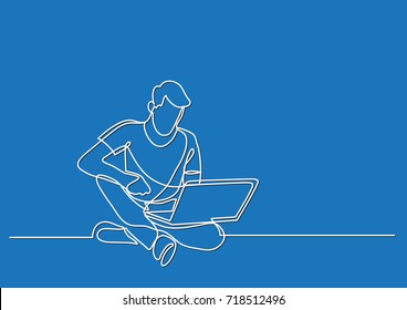 continuous line drawing of man sitting with laptop computer