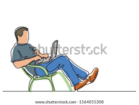 continuous line drawing of man sitting working on laptop computer