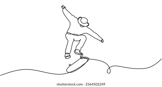 Continuous line drawing of a man skateboarding, showcasing freedom and athleticism in sports. Minimalist design for fitness and fun. Vector illustration hand drawn.