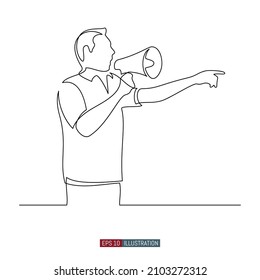 Continuous line drawing of The man speaks through a megaphone and points. Template for your design works. Vector illustration.