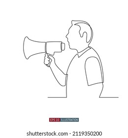 Dibujo continuo de la línea del hombre habla a través de un megáfono. La plantilla para el diseño funciona. Ilustración vectorial.