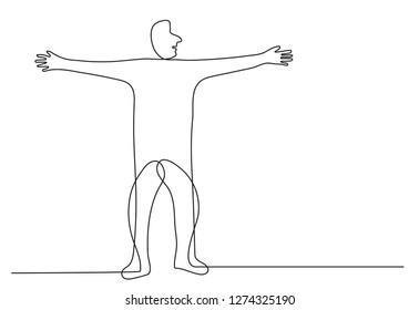 Continuous line drawing of man standing with open arms.