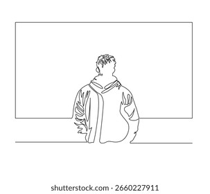 Continuous line drawing of a man standing behind the window. Single line illustration of Man on the window. Lonlley concept. Editable outline