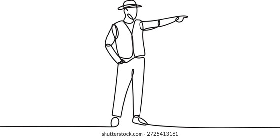 Continuous line drawing of man standing in hat and vest pointing with his arm and finger forward, isolated on transparent background. This artwork emphasizes gesture and direction in minimalist style.